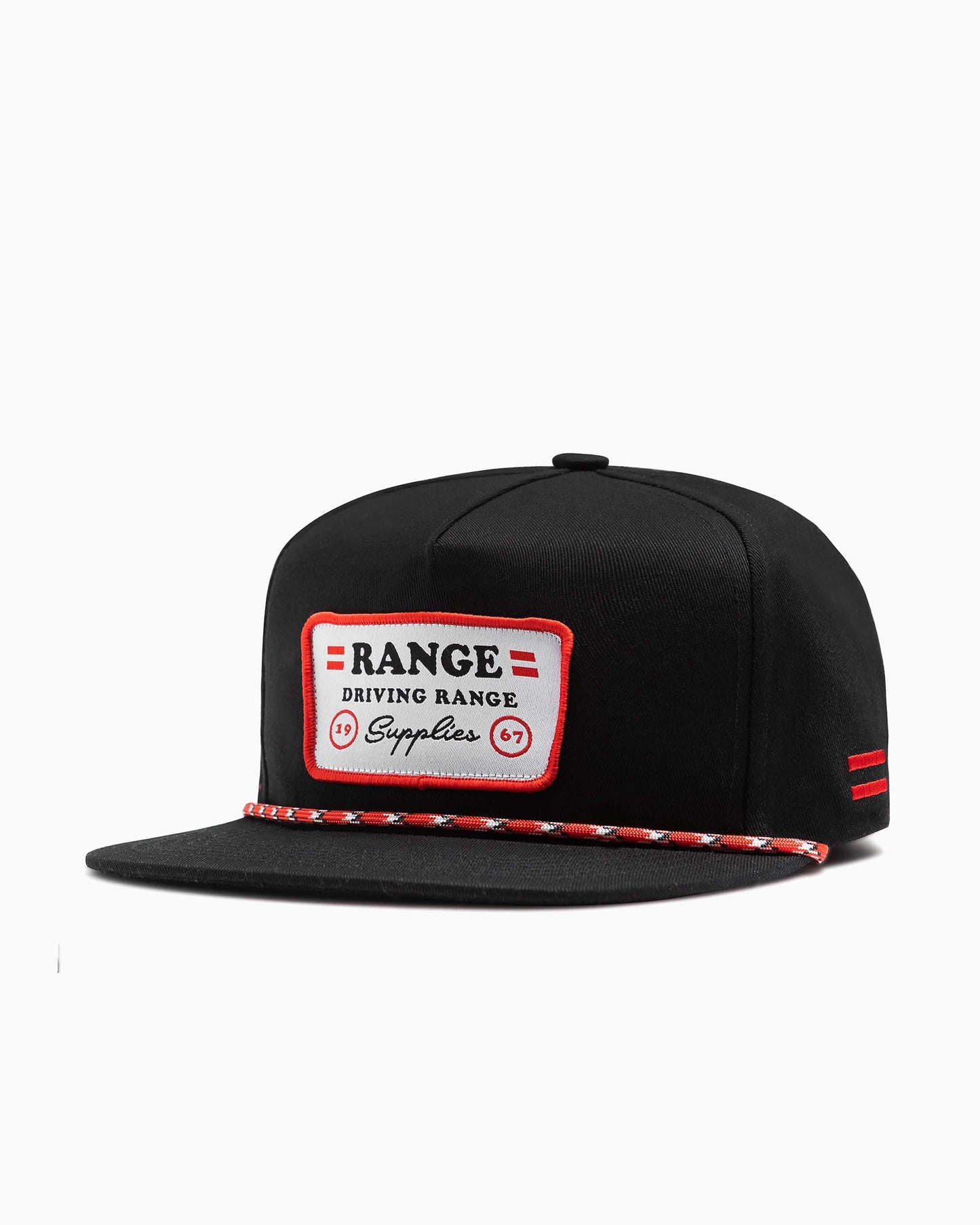black hat with Range Supplies patch and tri-color rope