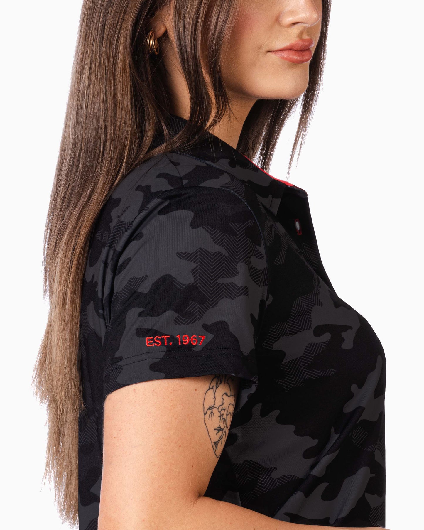 close up of sleeve with embroidered "est. 1967" 