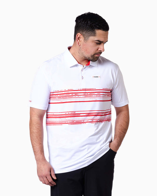 man wearing white polo with red stripes in middle 