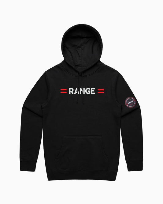 black hoodie with "range" across the chest