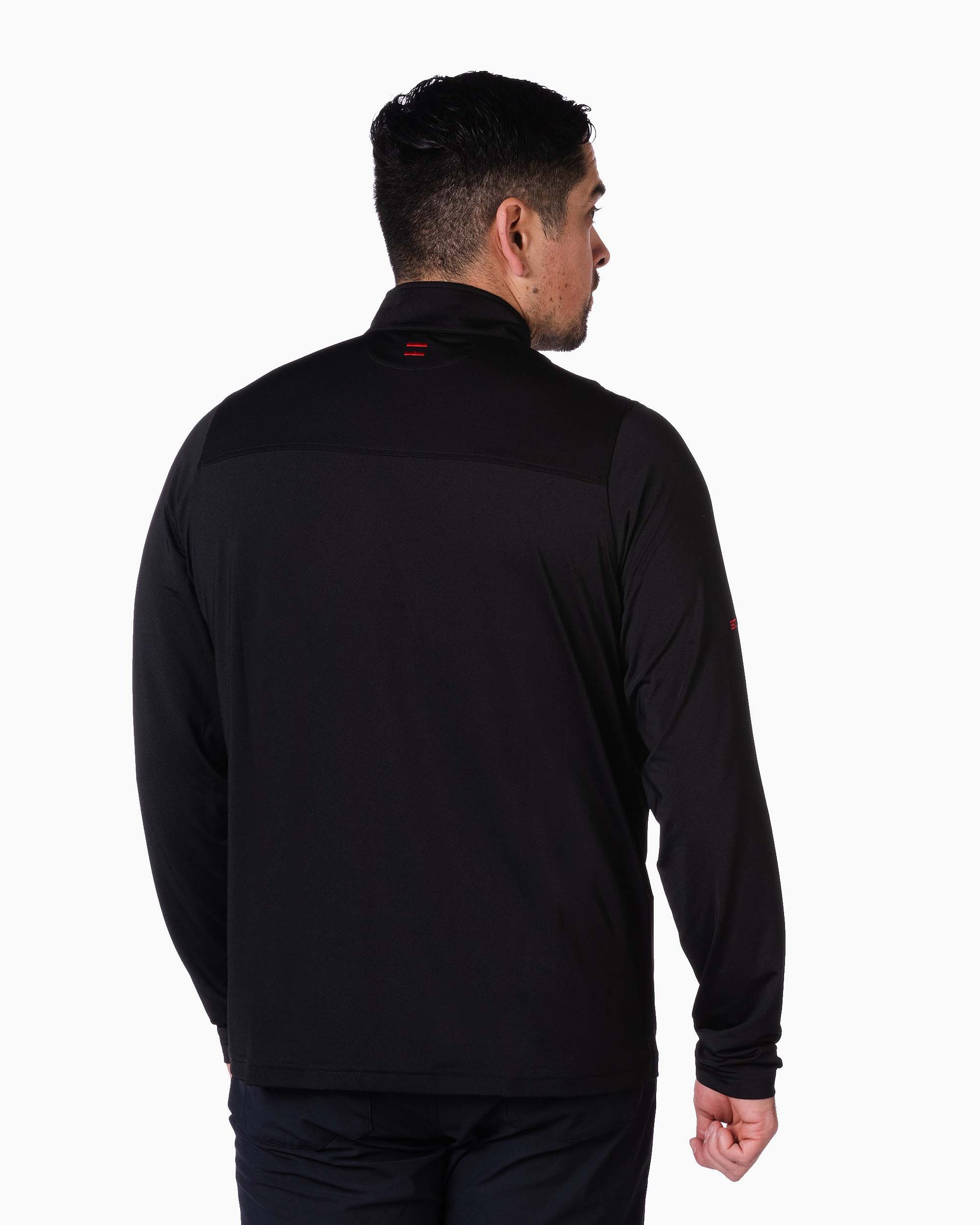 back of man wearing quarter zip with two red woven stripes on neck