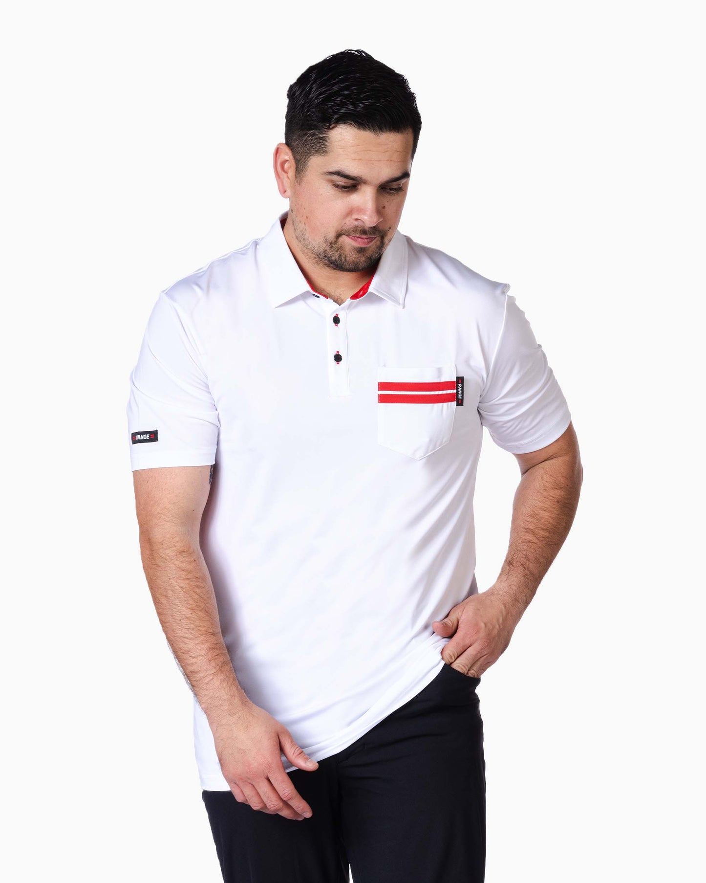 man wearing white polo with two red stripes on pocket 