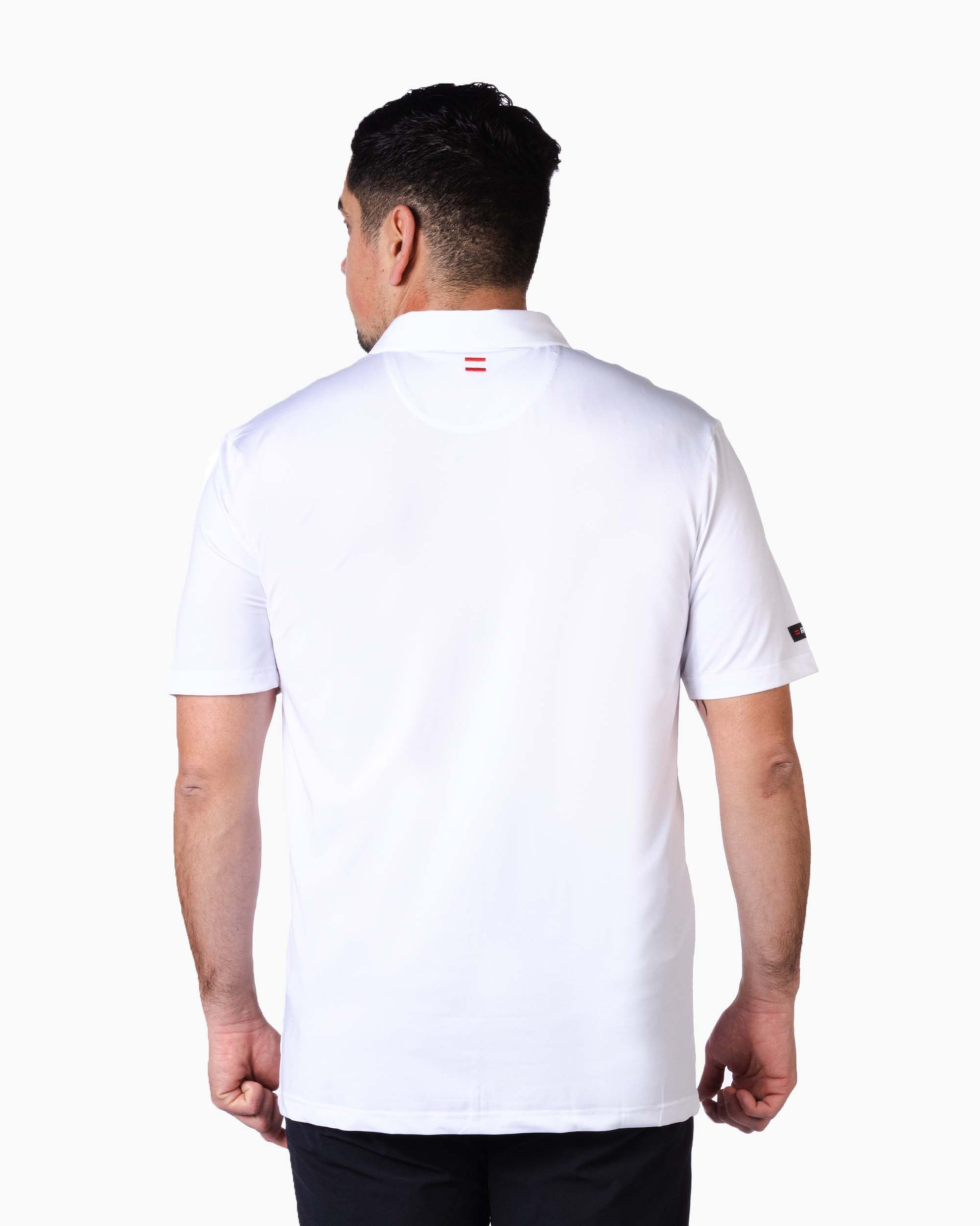 back of man wearing white polo with two red stripes on neck