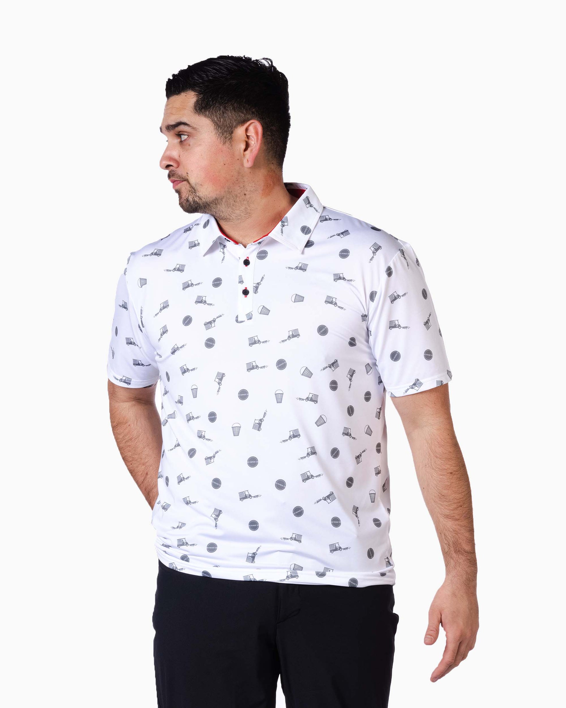 man wearing white range polo with scattered golf icons 