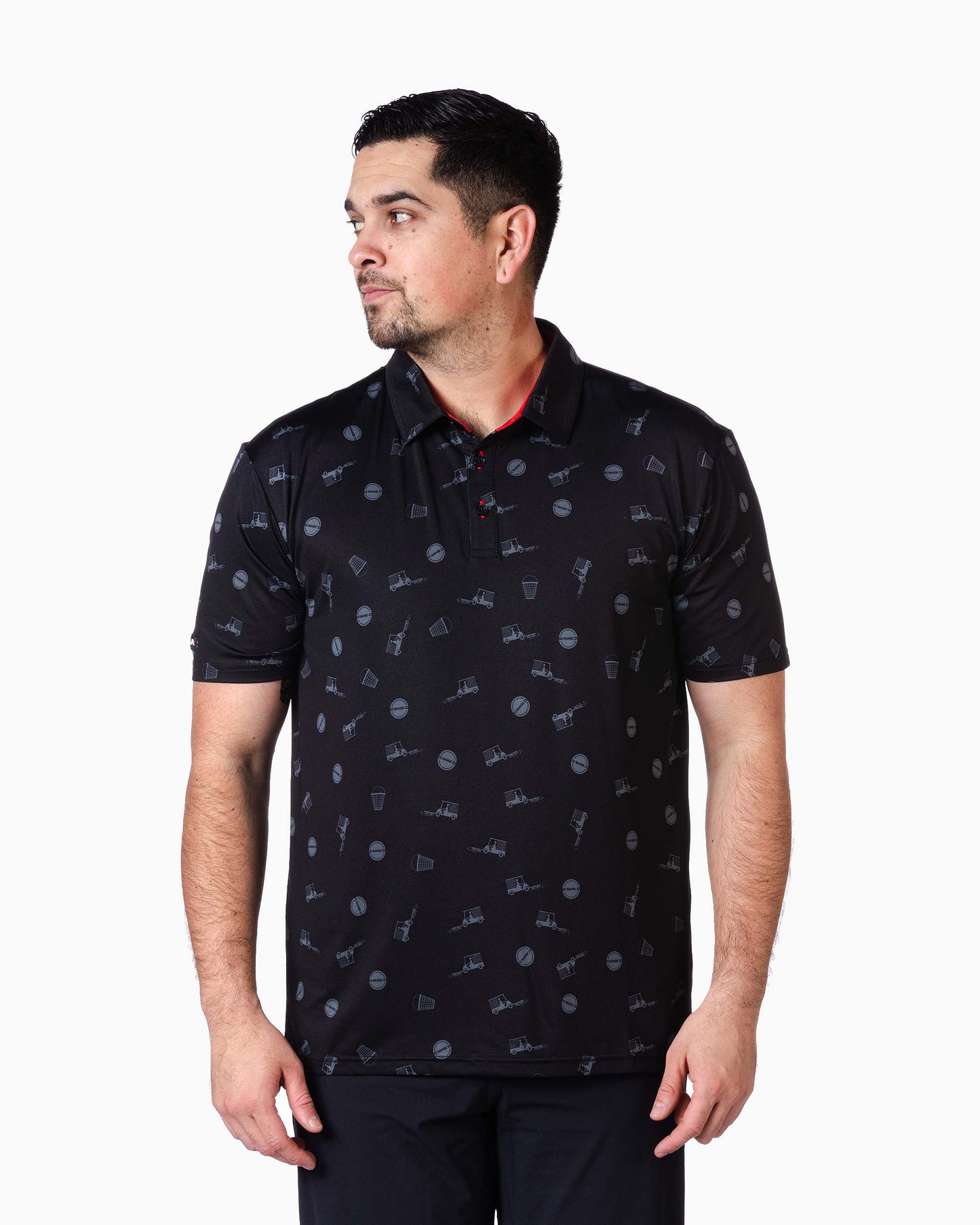 man wearing range polo with golf icons scattered on it
