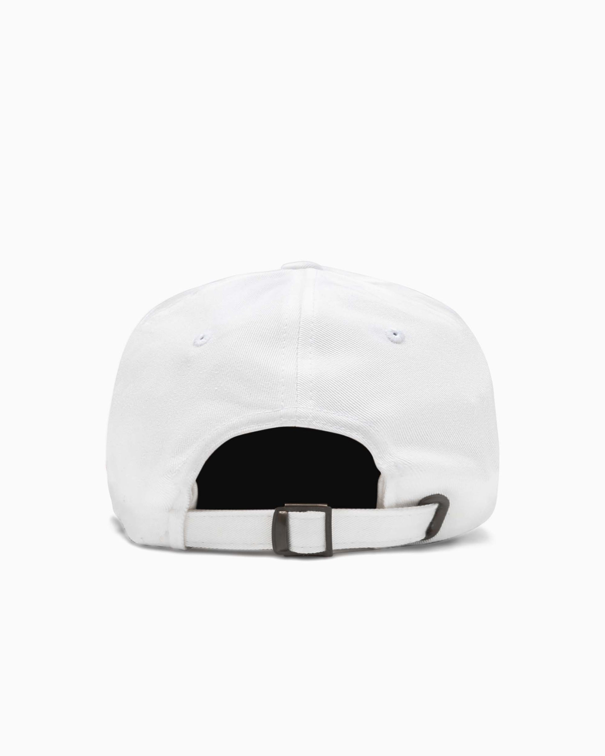 plain white back of hat with buckle closure 