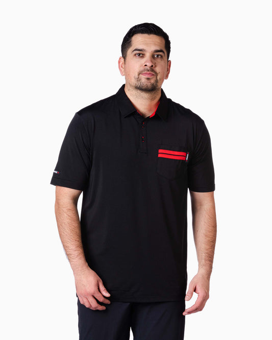 man wearing black polo with two red stripes on pocket 