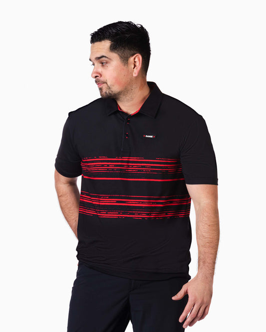 man wearing black polo with red stripes in the middle