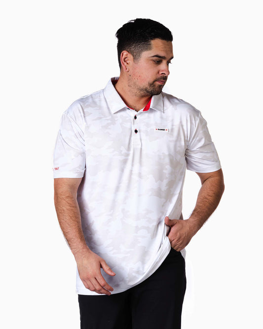 man wearing white camouflaged polo