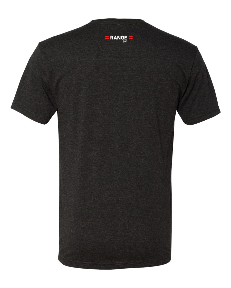 back of black t-shirt with range logo at top