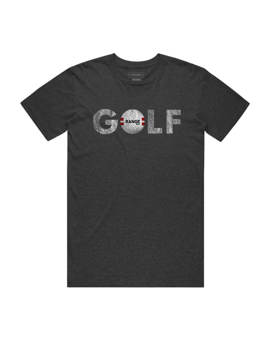 gray t-shirt with range golf ball as "o" in "golf" design 