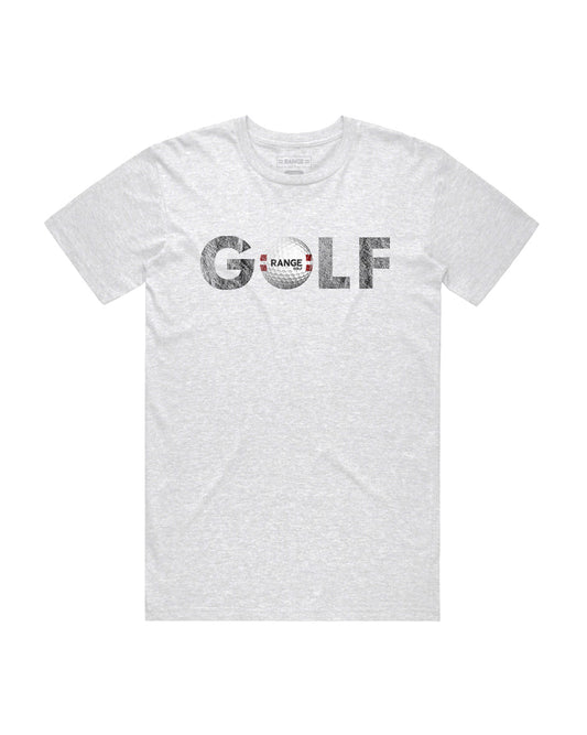 white t-shirt with range golf ball as "o" in "golf" design